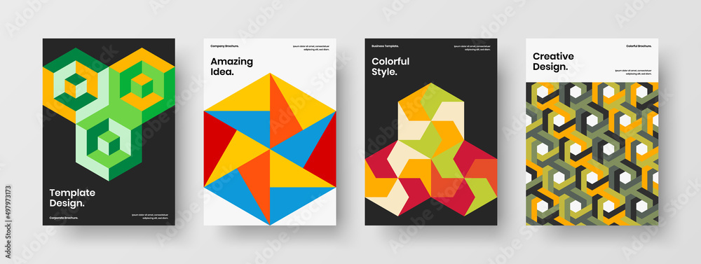 Abstract magazine cover A4 vector design concept collection. Simple geometric pattern company identity layout composition.