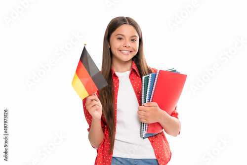 learn foreign language. happy teen girl hold german flag and workbook. schengen countries.