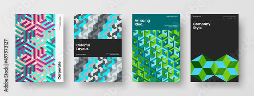 Amazing catalog cover A4 vector design illustration set. Vivid mosaic shapes leaflet template collection.