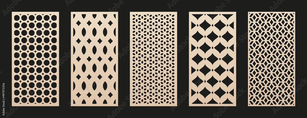 © Olgastocker - Vector laser cut templates. Modern abstract geometric panels with mesh, grid, lattice patterns, floral silhouettes. Moroccan style ornaments. Template for cnc cutting of metal, wood. Aspect ratio 1:2