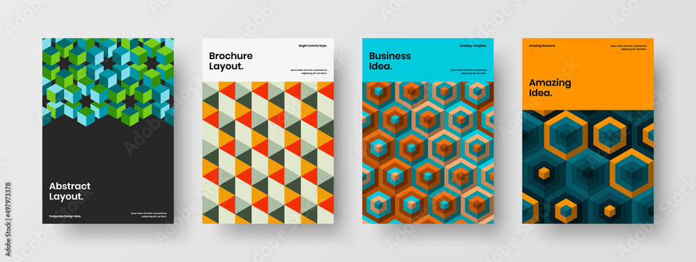 Unique geometric pattern annual report concept composition. Premium poster vector design template set.