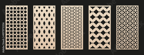 Vector laser cut templates. Modern abstract geometric panels with mesh, grid, lattice patterns, floral silhouettes. Moroccan style ornaments. Template for cnc cutting of metal, wood. Aspect ratio 1:2 photo