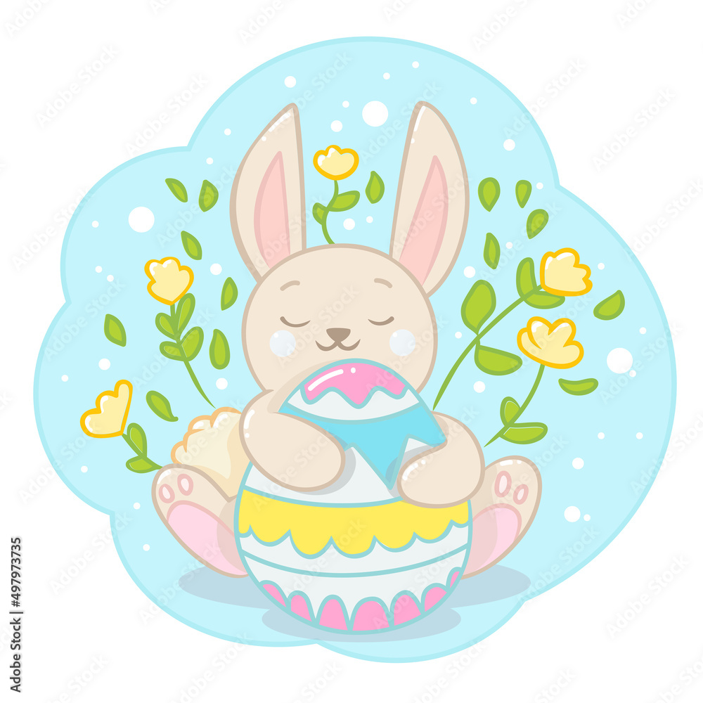 Easter bunny hugs easter egg in yellow flower. Rabbit in cartoon style Easter bunny hugs easter egg in yellow flower. Rabbit in cartoon style