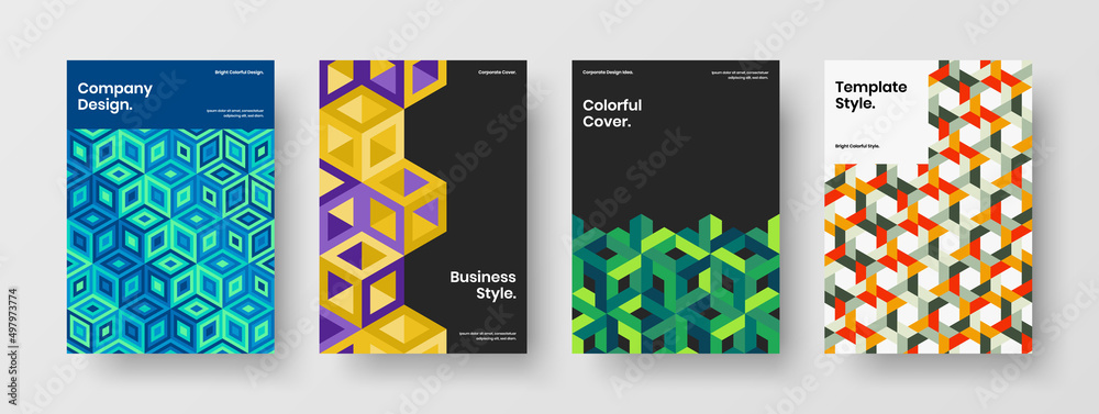 Bright booklet A4 design vector layout set. Clean geometric hexagons company brochure concept composition. Bright booklet A4 design vector layout set. Clean geometric hexagons company brochure concept composition.