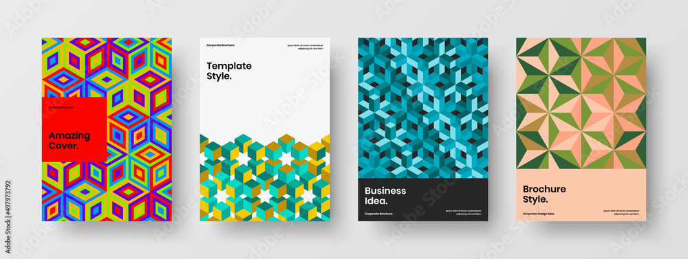 Unique mosaic pattern cover template composition. Creative annual report design vector concept set.