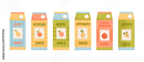 Apple, pear, orange, pineapple, pomegranate, grape juice in pack. Set of six packs of fruit juices. Vector illustration in flat style.