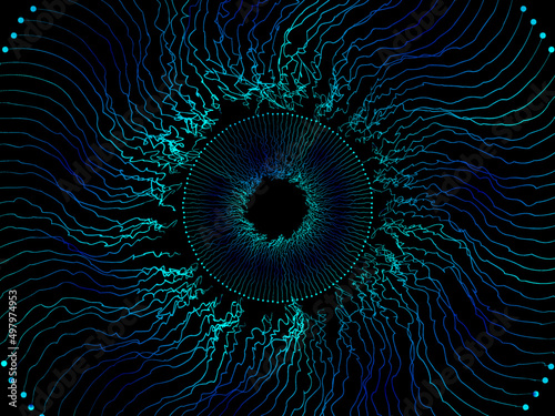 Abstract fractal blue background. Vector explosion lines equalizer pattern circle shape in blue green color isolated on black background concept of music, technology, science, digital