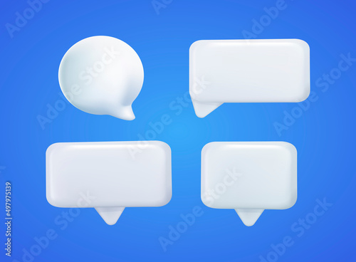 Set of four 3D speech bubble icons, isolated on blue background. 3D Chat icon set. Set of 3d speak bubble. Chatting box, message box. 3D Web Vector Illustrations. 3D Chat icon set. Balloon 3d style. photo