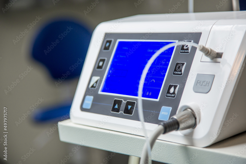Professional dentist equipment on the table in hospital during surgery closeup Professional dentist equipment on the table in hospital during surgery closeup