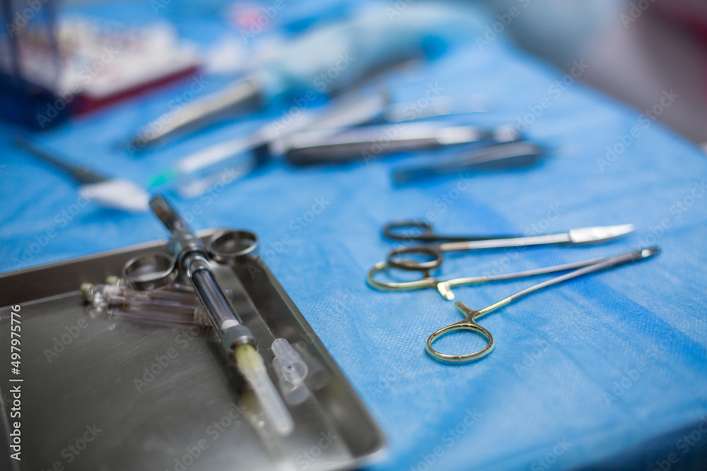 Professional dentist tools on the table with stomatological instruments in hospital during surgery closeup Professional dentist tools on the table with stomatological instruments in hospital during surgery closeup