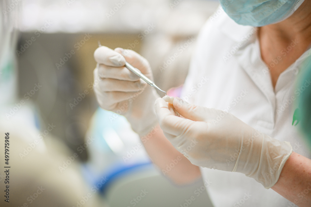 Professional dentist holding stomatological tool in hospital during surgery Professional dentist holding stomatological tool in hospital during surgery