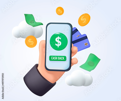 Mobile cash back service, financial payment Smartphone mobile screen, technology mobile display light. 3D Web Vector Illustrations. Cashback, money refund. Dollar bill and coin stack, online payment