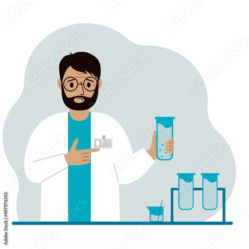 Male scientist with flasks. Experimental scientist, laboratory assistant, biochemistry, chemical, scientific research.