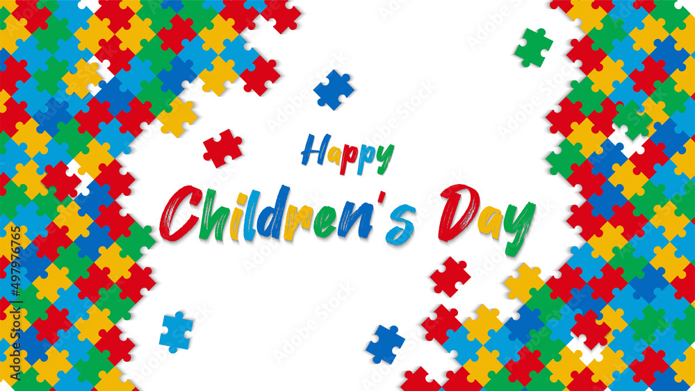 Obraz premium happy child's day background with puzzles and writing from colorful brushes