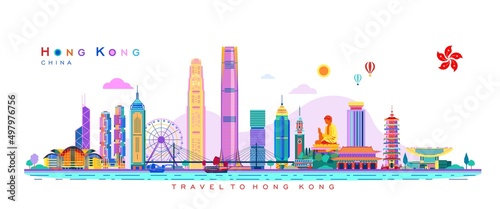 Vector abstract illustration of Hong Kong city skyline on colorful  beautiful  background 
