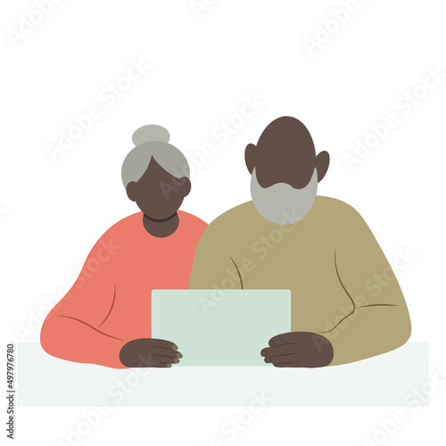 Portrait of an elderly dark-skinned couple with a tablet in their hands, faceless vector illustration, isolate on a white background