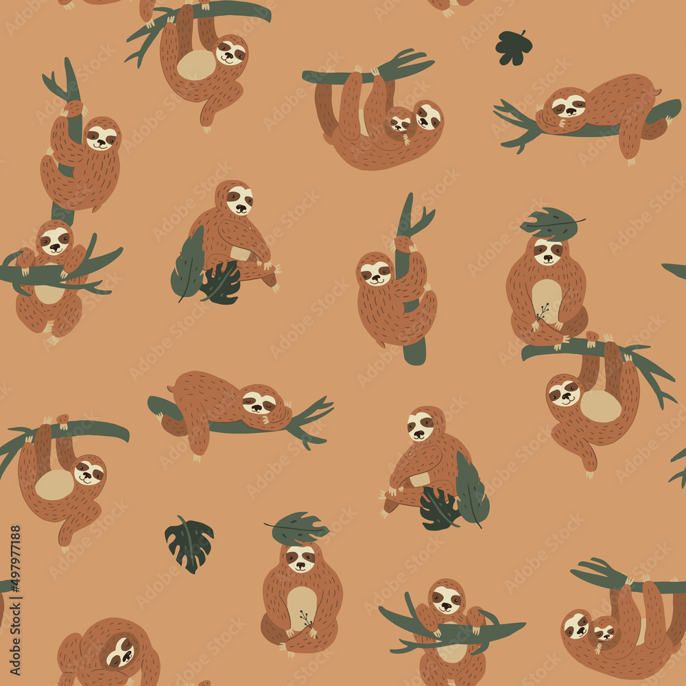 Fototapeta premium Sloth South America animal vector seamless pattern