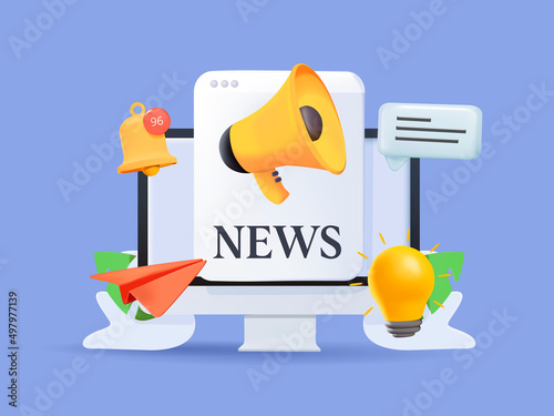 Concept News update. News webpage, information about events, activities, company information and announcements for web page. 3D Web Vector Illustrations. Financial news. Trading stock news impulses.
