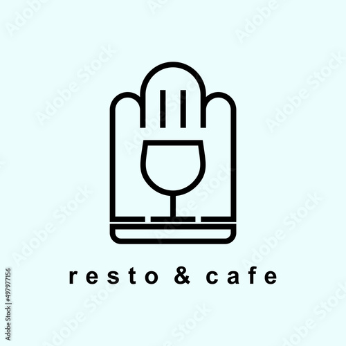 Restaurant logo with glass, fork and chef hat icon in line design