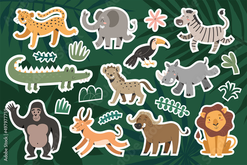 Funny african animals  vector stickers  cute giraffe  smiling zebra and dancing elephant  friendly jaguar  safari mammals  zoo animals with facial expressions  collection of children s illustration