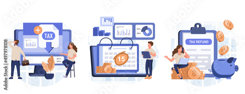Taxes illustration collection of scenes. Character consulting with financial advisor, preparing and sending online tax declaration, getting tax return. Taxation concept. Vector illustration.