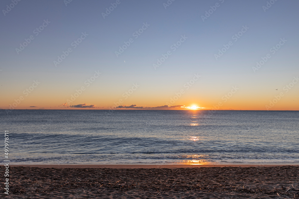 Sunrise over the sea. Morning idealistic landscape. Panorama view of the sea.