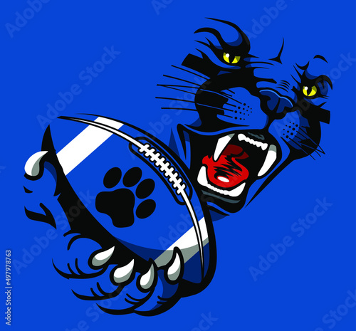 angry panther mascot holding football in paw for school, college or league