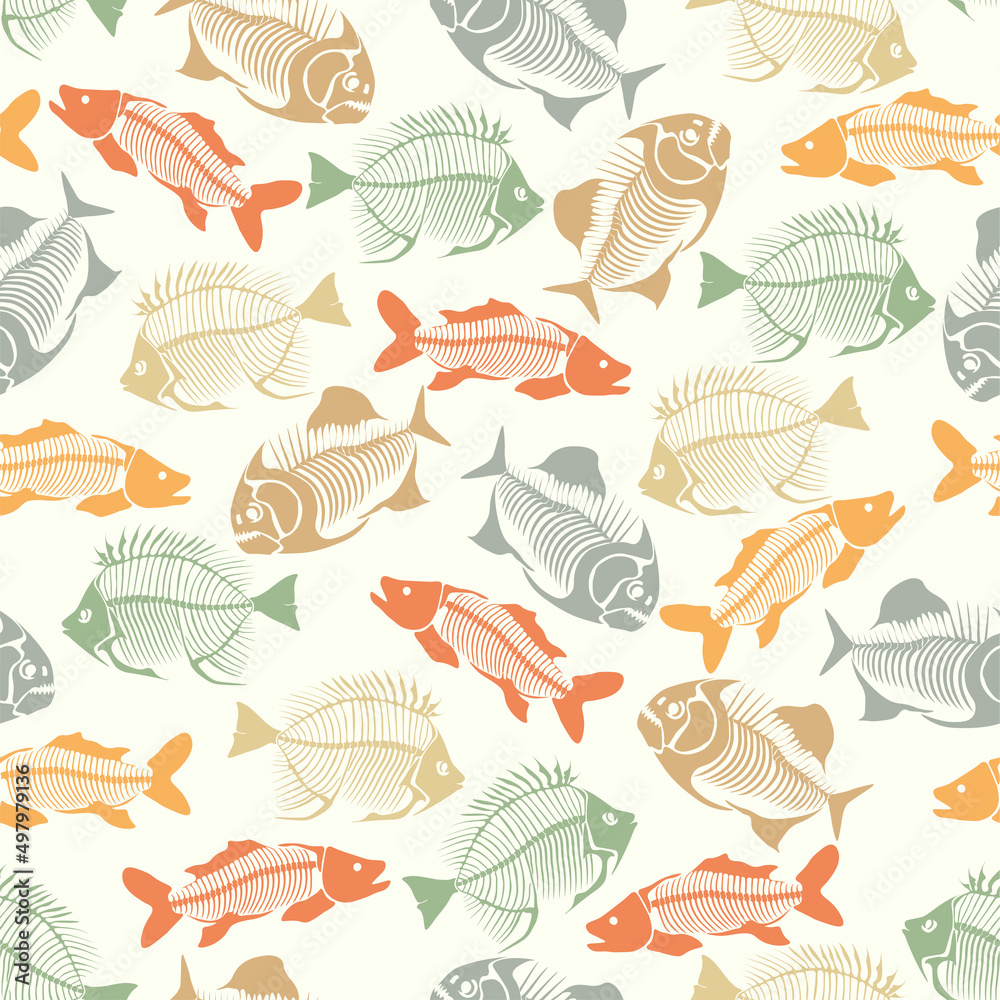Seamless vector pattern with fish skeleton.