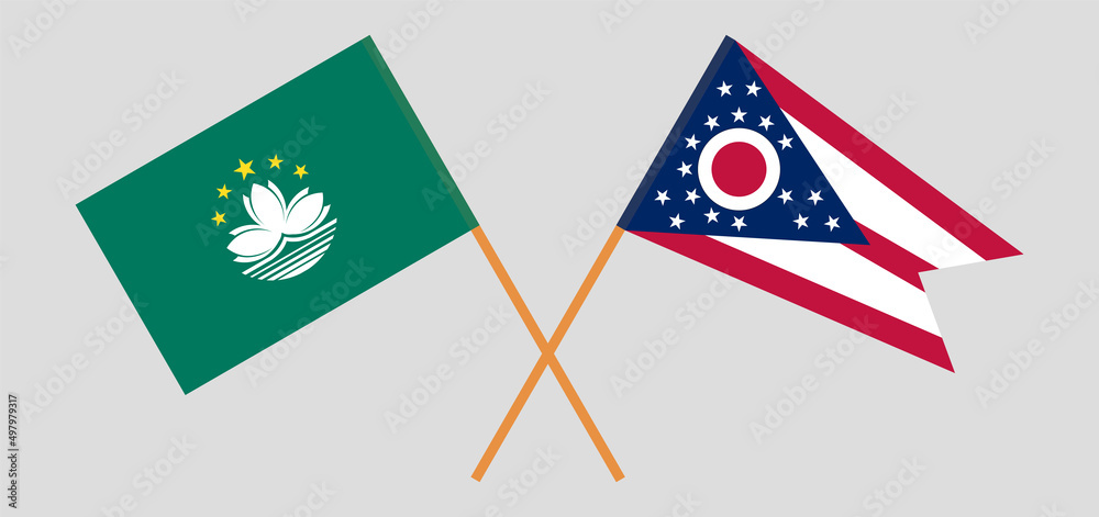 Crossed flags of Macau and the State of Ohio. Official colors. Correct proportion