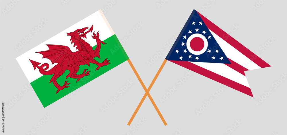 Crossed flags of Wales and the State of Ohio. Official colors. Correct proportion