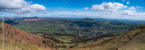 The Blorenge mountain overlooking Castle Meadows and the River Usk near Abergavenny, Monmouthshire, South Wales, UK