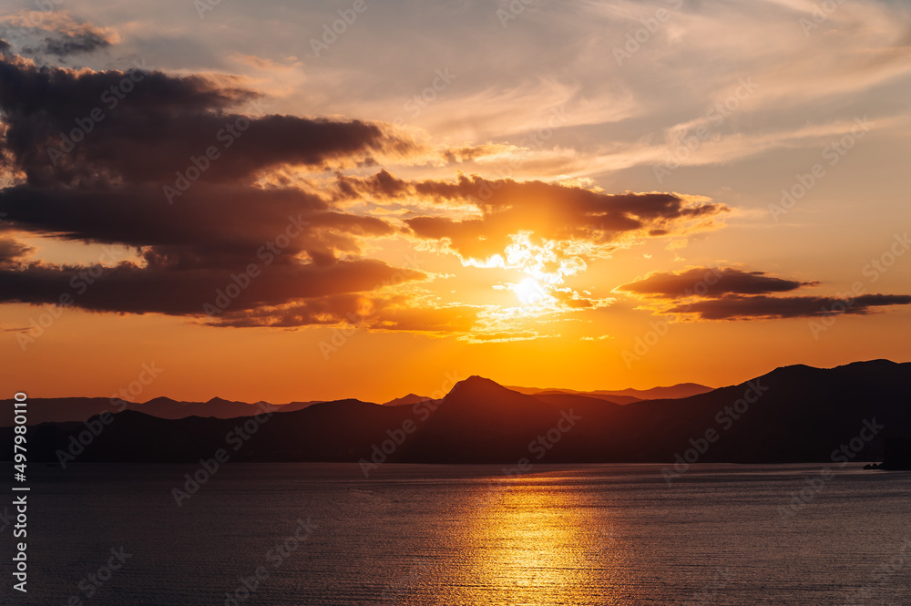 Golden sunset on the sea coast
