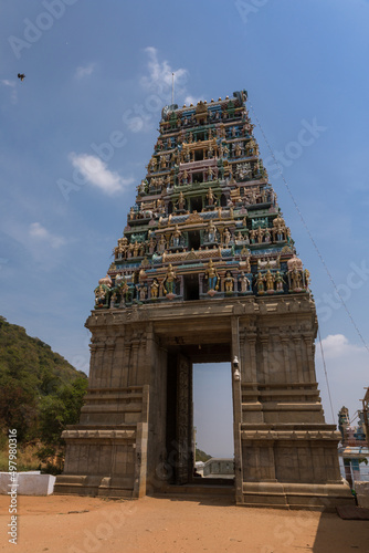 Gopuram (Entrance Tower) at the entrance of Marudhamalai Temple, a 12th century hillside South Indian style Temple, Coimbatore, Tamil Nadu, India
