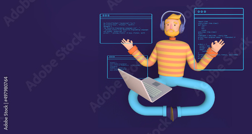 Programmer in meditation pose Web development, programmer engineering and coding website. Concept of script coding for beginners. Trendy 3d illustration.
