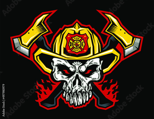 flaming firefighter skull mascot logo with crossed axes photo