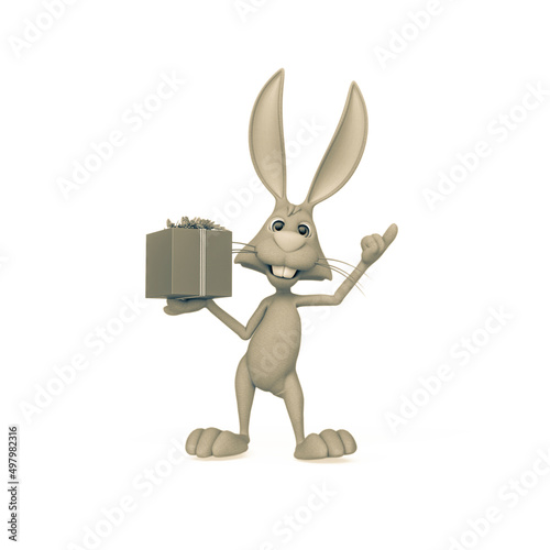 rabbit cartoon is happy and holding a gift or present