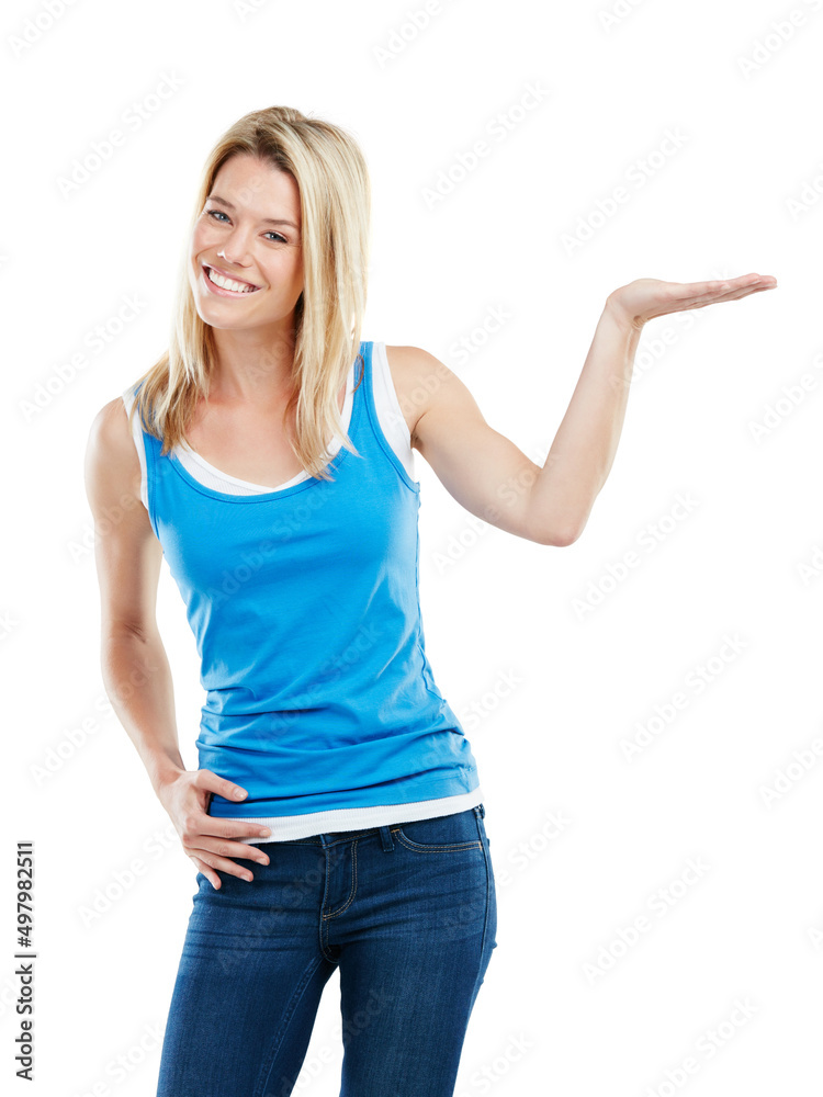 I have something youll like. Studio shot of an attractive young woman presenting copyspace. I have something youll like. Studio shot of an attractive young woman presenting copyspace.