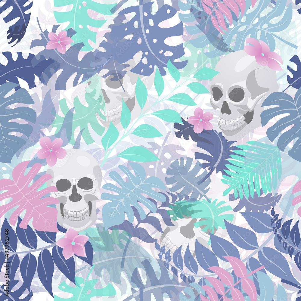 Seamless pattern with exotic jungle plants and human skulls. Tropical palm leaves and flowers. Illustration for Mexican holiday Day of the Dead, Dia de los Muertos, multicolored on white background Seamless pattern with exotic jungle plants and human skulls. Tropical palm leaves and flowers. Illustration for Mexican holiday Day of the Dead, Dia de los Muertos, multicolored on white background