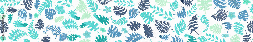 Fototapeta premium Banner with exotic jungle plants. Tropical palm leaves and flowers. Rainforest illustration, blue on white background, with seamless horizontal repetition