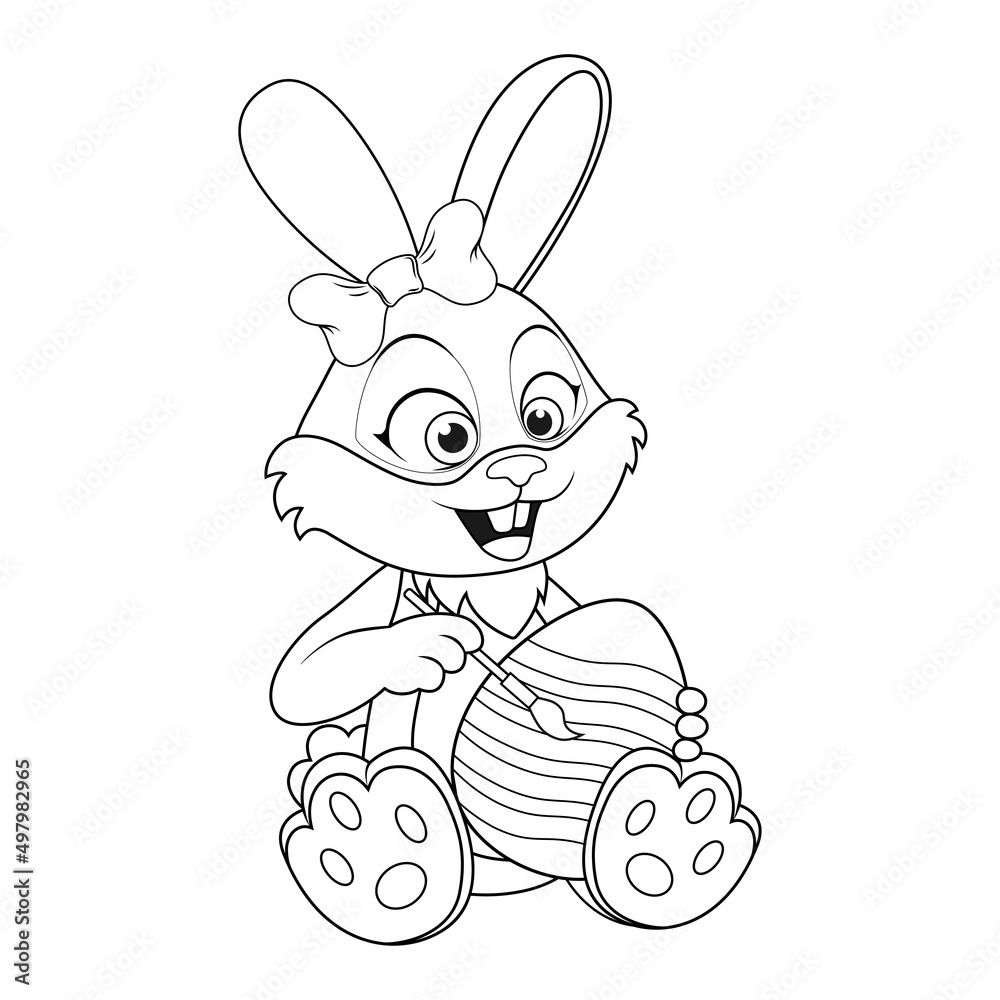 Coloring page with colorless cartoon girl Rabbit sitting and painting ...