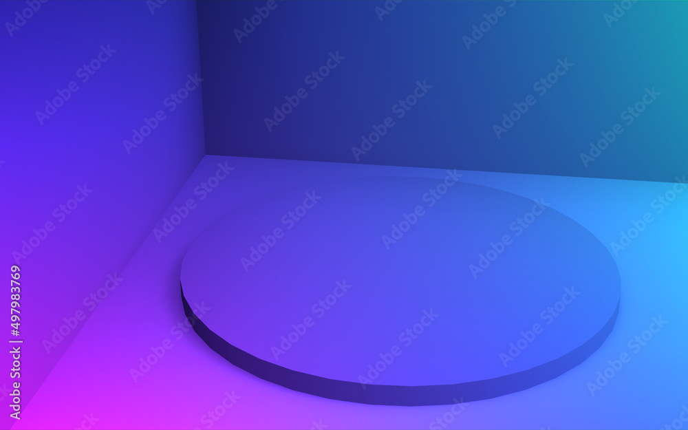 Obraz premium 3d purple blue neon light cylinder podium minimal studio gradient dark colors background. Abstract 3d geometric shape object illustration render. Display for nightclub party and technology product.