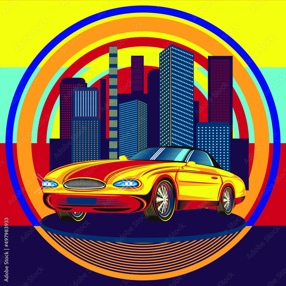 Luxury beautiful yellow-red car in vector on the background of skyscrapers of the night city