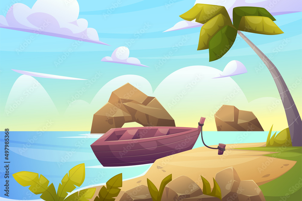 Beach Landscape for summer day background illustration with ship and ocean island