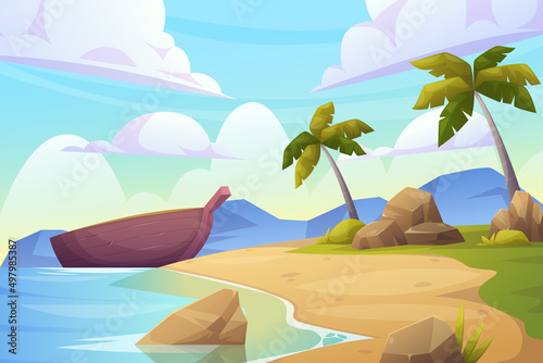 Beach Landscape for summer day background illustration with ship and ocean island