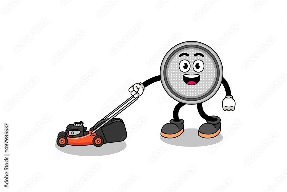 button cell illustration cartoon holding lawn mower