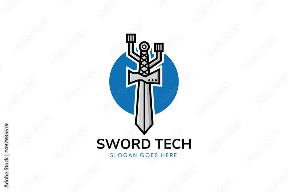 Obraz premium sword tech logo design template. combination of cable data and sword shape in circle using blue colors.
