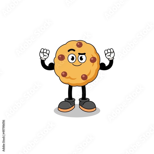 Mascot cartoon of chocolate chip cookie posing with muscle