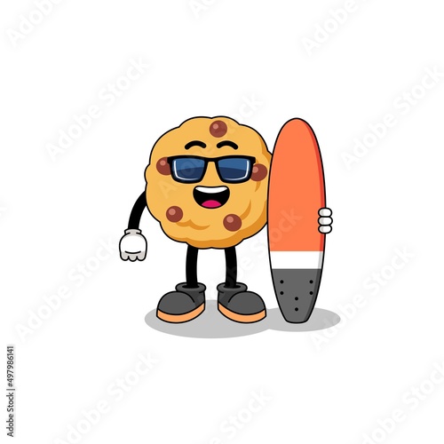 Mascot cartoon of chocolate chip cookie as a surfer