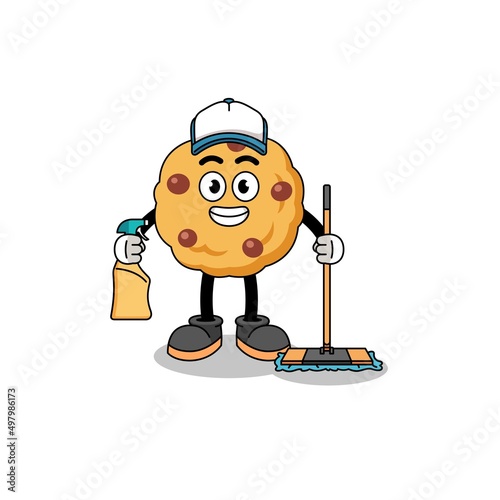 Character mascot of chocolate chip cookie as a cleaning services