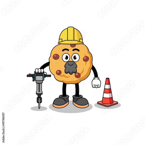 Character cartoon of chocolate chip cookie working on road construction